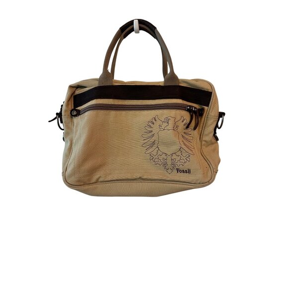 Vintage NWT Fossil Canvas Laptop Messenger Bag With Embroidered Crest Design